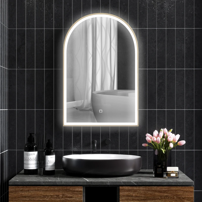 HOMCOM Miroir de salle de bain LED 90 x 60cm, mural, 3 couleurs, arqué cadre en aluminium, désembuage et interrupteur tactile