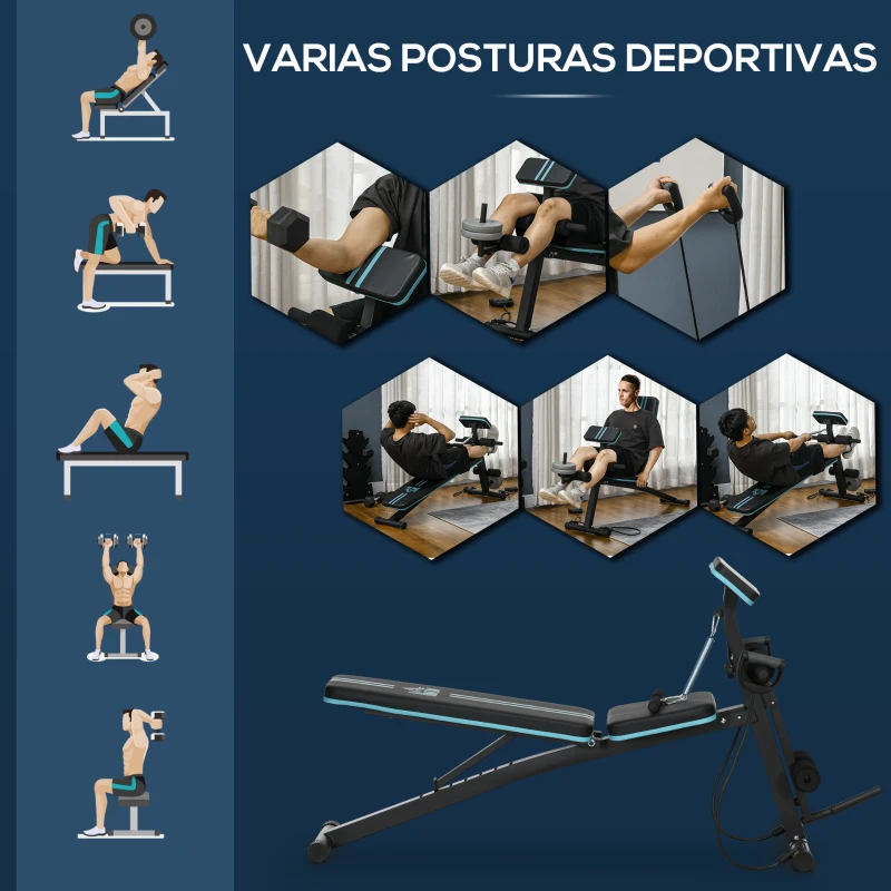 HOMCOM Banco de Musculación Plegable con Respaldo Regulable Extensión de Pierna Cojín de Predicador Banda 160x54x106 cm Negro