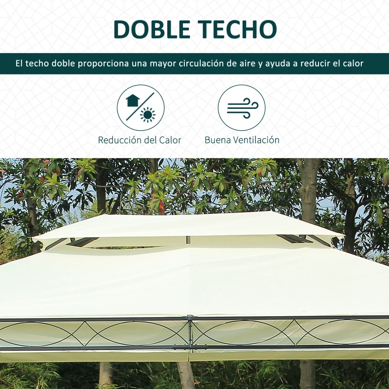 Outsunny Cenador de Jardín 4x3m con Doble Techo Estructura de Acero Anti-UV para Exterior Patio 400x300x280 cm Crema