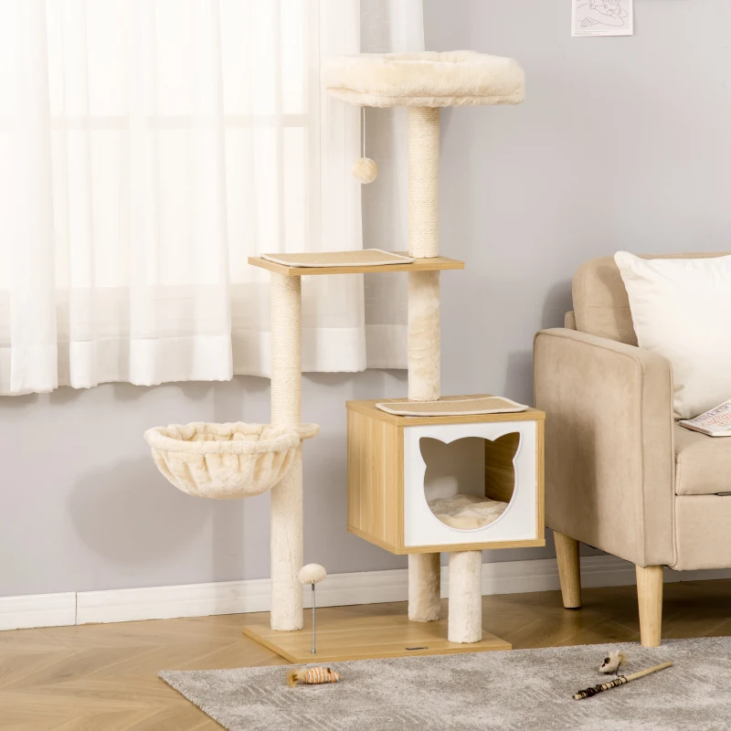 PawHut Arbre à chat griffoirs grattoirs multi-équipements niche hamac panier coussins amovibles hauteur 126 cm peluche courte sisal naturel beige