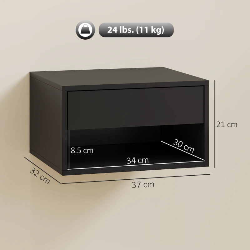 HOMCOM Set of 2 wall-mounted bedside tables, nightstands, drawer, open compartment, top surface, 37 x 32 x 21 cm, black