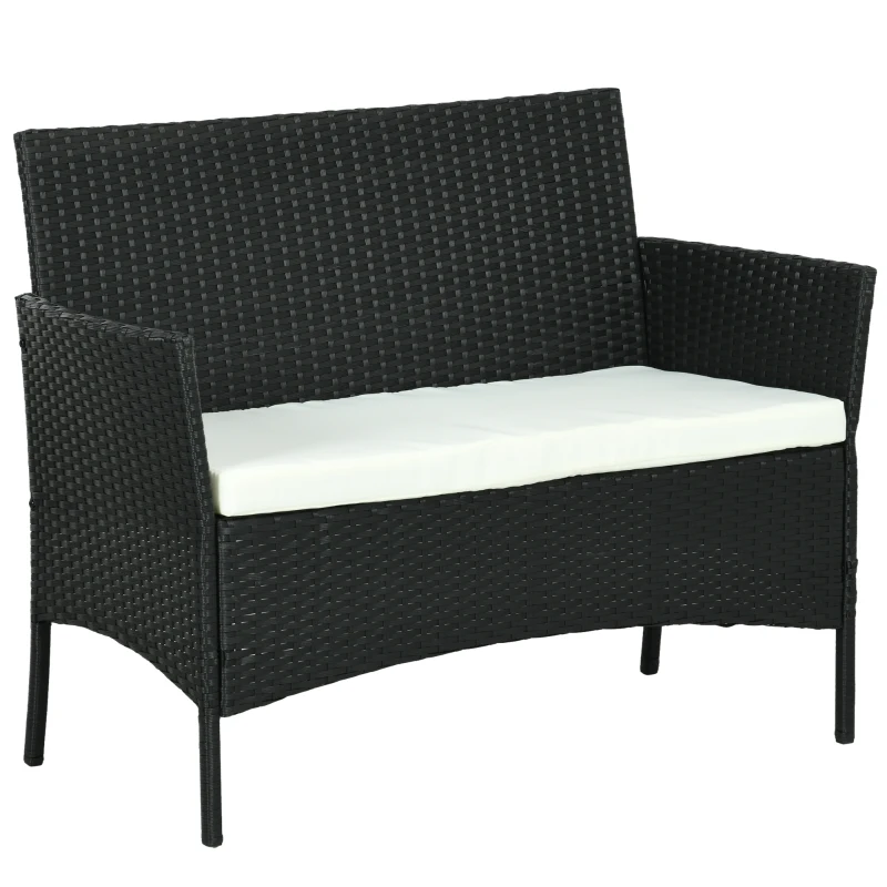 Outsunny Divano da Giardino a 2 Posti con Cuscino e Braccioli in Rattan PE e Acciaio, 107x55x80cm, Nero