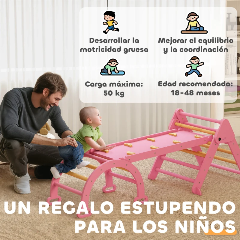 AIYAPLAY 7 en 1 Triángulo de Escalada Montessori de Madera Plegable con Arco y Rampa para Niños de 18-48 Meses 188x70 cm Rosa