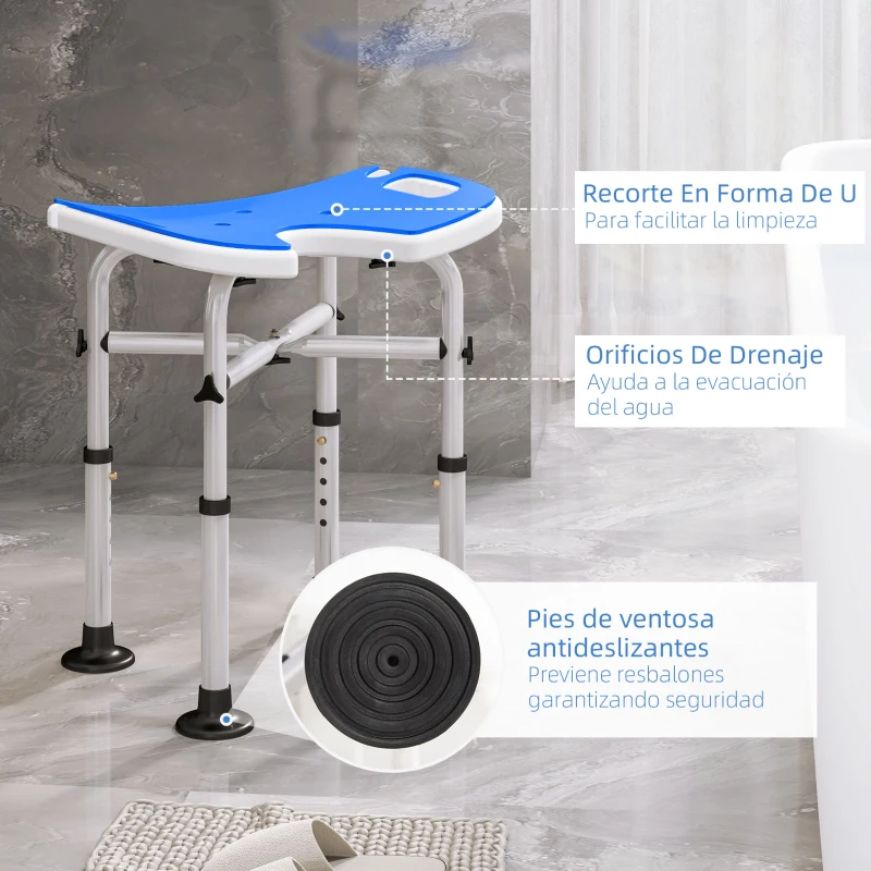 HOMCOM Silla de Ducha Antideslizante con Barra de Agarre con Ventosas Altura Regulable y Asiento en Forma de U Azul