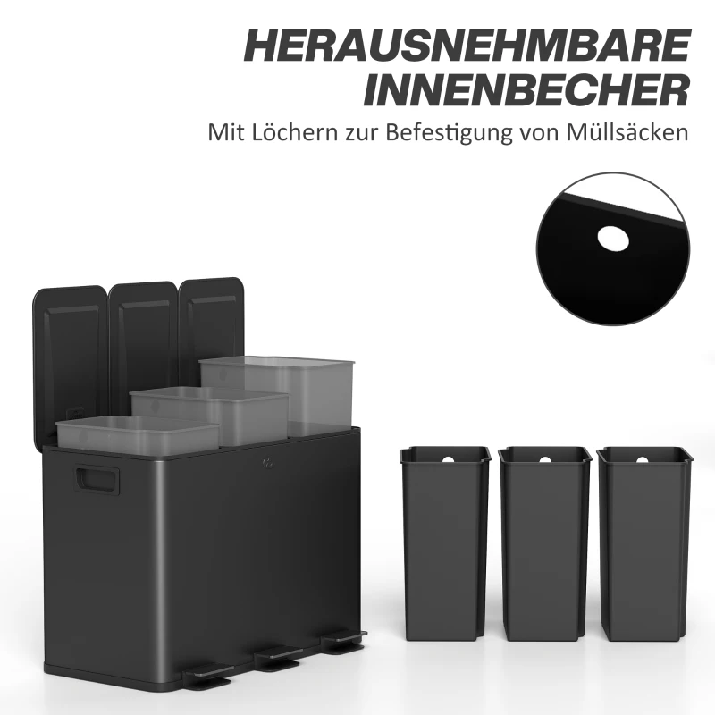 HOMCOM Afvalemmer met 3 x 15 L compartimenten, deodorantdeksels, vingerafdrukbestendig, soft-close, verwijderbaar, Zwart(m-7)