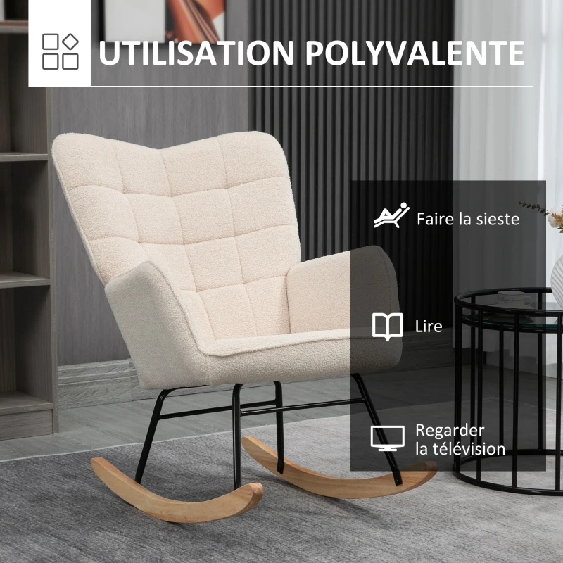 HOMCOM Fauteuil à bascule rocking chair revêtement effet laine bouclée, structure en acier 71 x 98 x 101 cm beige