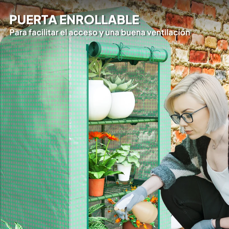 Outsunny Invernadero de Jardín de 3 Niveles Puerta Enrollable Marco de Metal Cubierta de PE Anti-UV 69x49x125 cm Verde