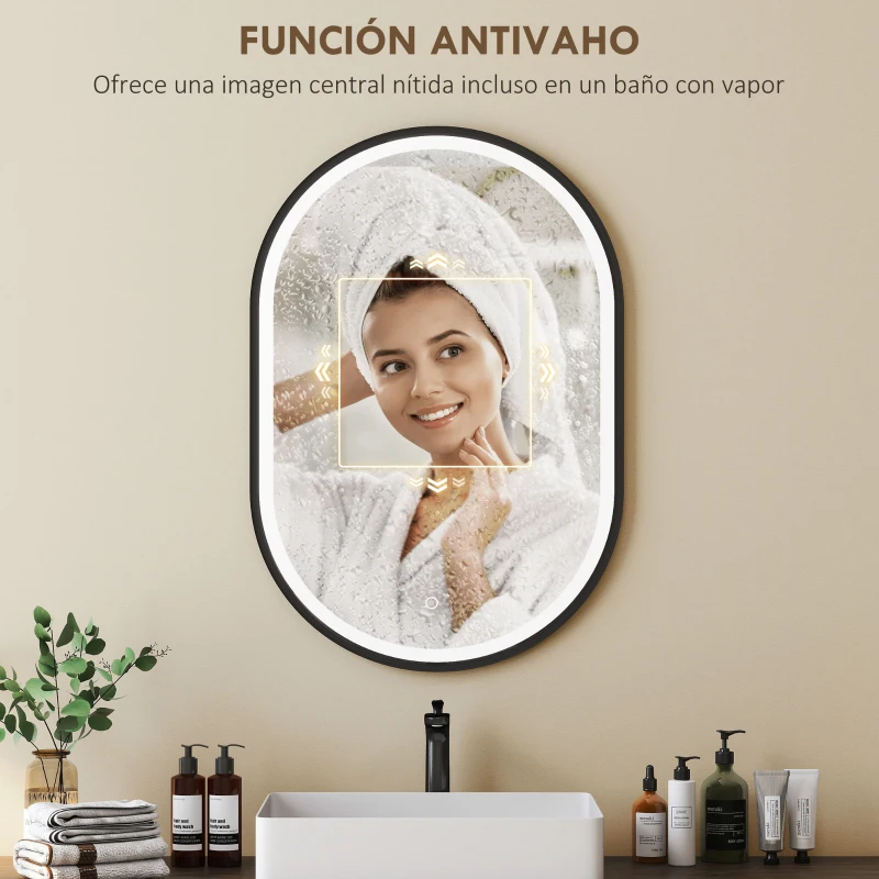 HOMCOM Espejo de Baño con Luz 60x90 cm Espejo de Pared Ovalado 3 Colores de Luz Brillo Regulable Función Antivaho Negro