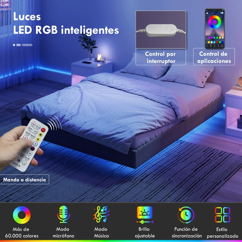 HOMCOM Somier 140x190 cm con Luces LED Estructura de Cama Tapizado en Lino Láminas de Madera Fácil de Montar Gris