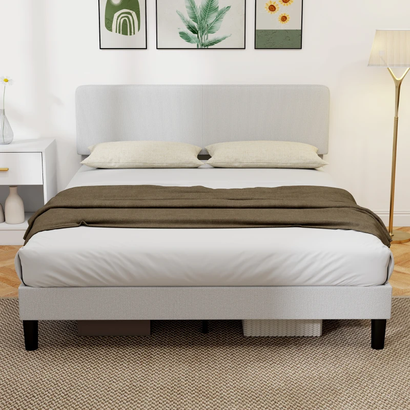 HOMCOM Somier 160x200 cm con Cabecero Ajustable Tapizado en Pana Láminas de Madera Fácil de Montar Gris Claro