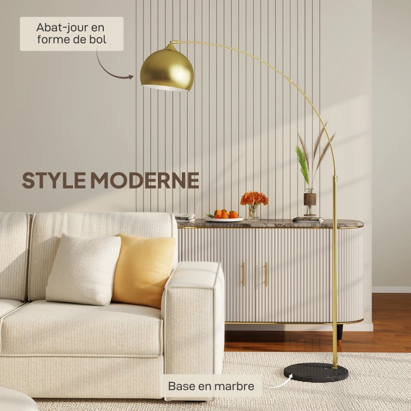 HOMCOM Lampadaire lampe de salon arc réglable pied marbre style vintage 40W E27 dim. 100-115L x 30l x 170-180H cm doré