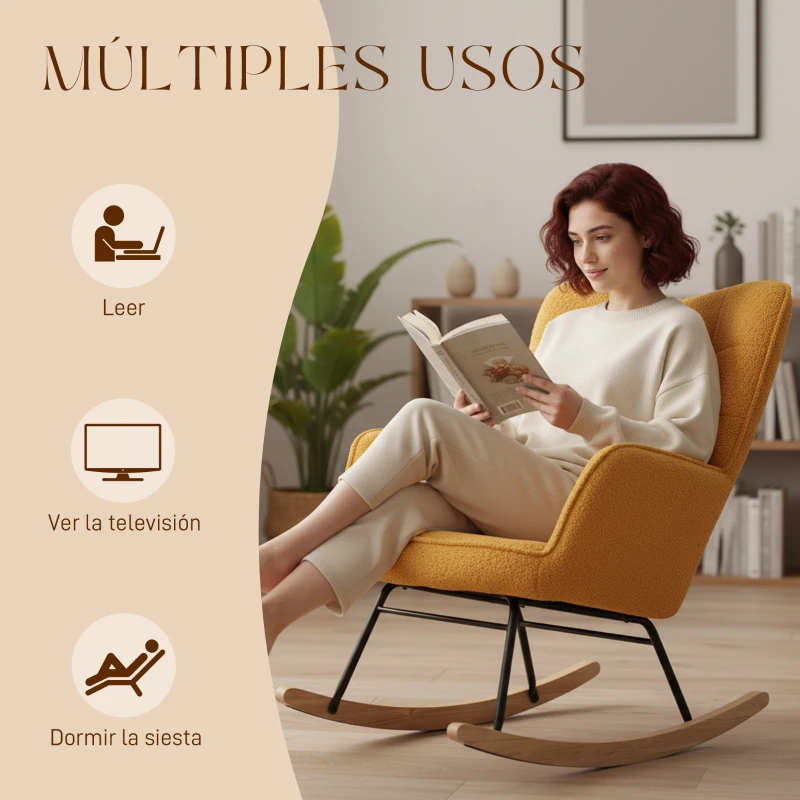 HOMCOM Silla Mecedora de Borreguito Sillón Balancín Oscilante 40° con Patas de Madera de Haya Carga 120 kg 71x98x101cm Amarillo