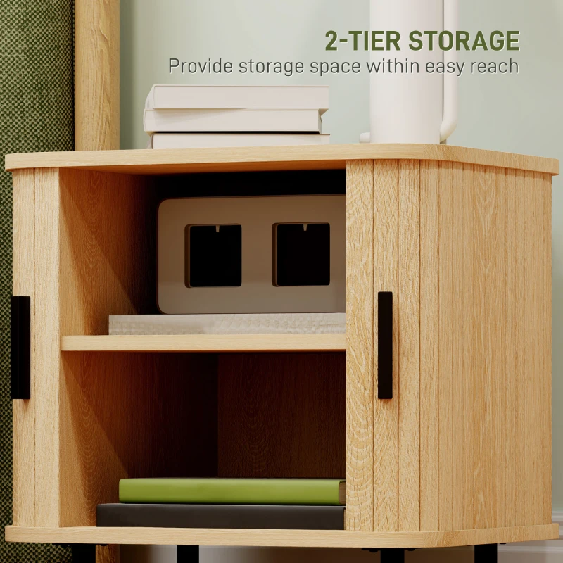 HOMCOM Bedside Table, Nordic Side Table with Roller Shutter Style Sliding Doors and Metal Legs for Bedroom, Living Room, Oak Tone