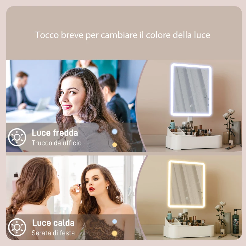 HOMCOM Specchio da Trucco con Luce Regolabile su 2 Livelli, Rotazione 180° e Organizer per Trucchi, Bianco
