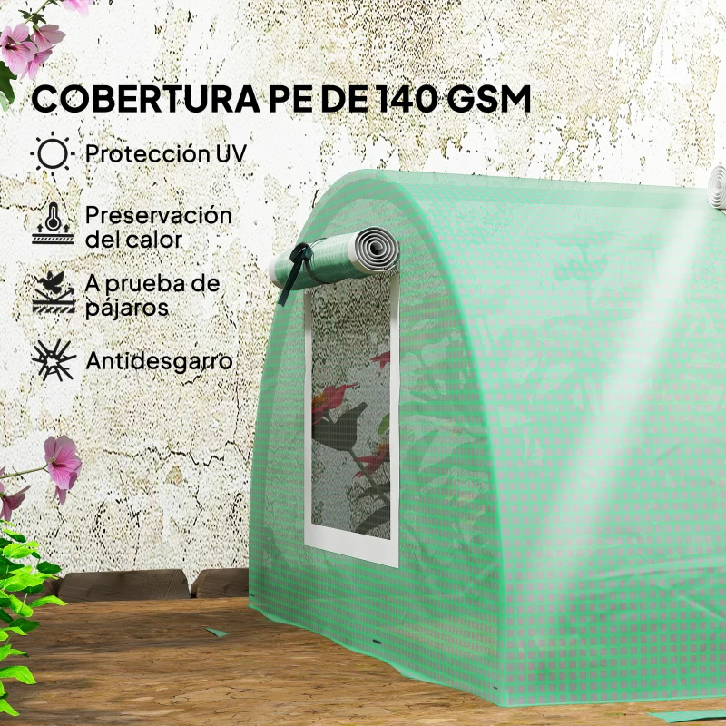 Outsunny Invernadero Pequeño para Cultivo de Plantas con 5 Ventanas Marco de Acero y Cubierta de PE Anti-UV 300x80x45 cm Verde
