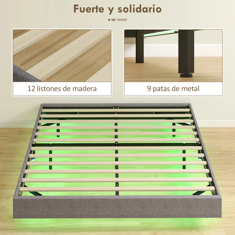 HOMCOM Somier 160x200 cm con Luces LED Estructura de Cama Tapizado en Lino Láminas de Madera Fácil de Montar Gris