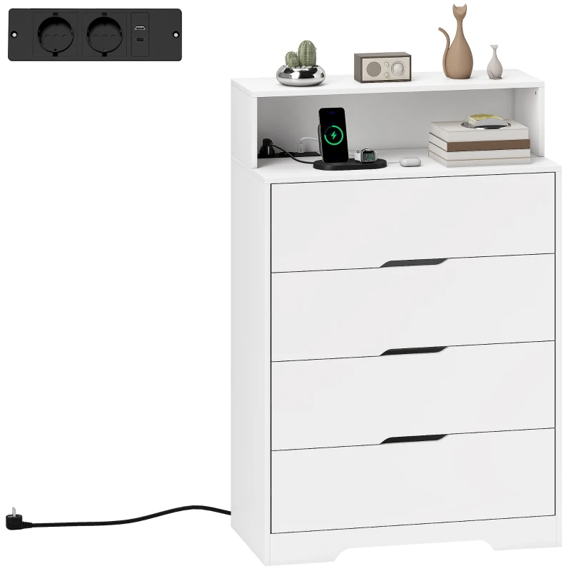 HOMCOM Cómoda para Dormitorio de 4 Cajones con Estación de Carga Puerto USB Puerto USB-C Estante Abierto 80x40x120 cm Blanco