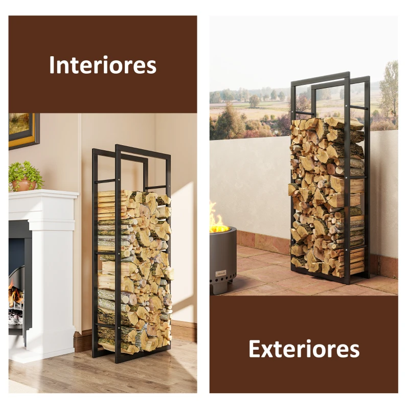 HOMCOM Soporte para Leña de Metal Estante de Leña Leñero de Exterior para Interior y Exterior Carga 100 kg 60x25x150 cm Negro