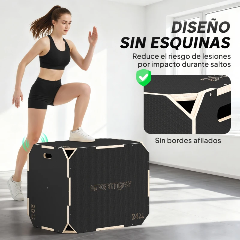 SPORTNOW Cajón Pliométrico de Madera 3 en 1 con 3 Alturas Diferentes Asas sin Esquinas Entrenamiento de Salto 76x61x51 cm Negro