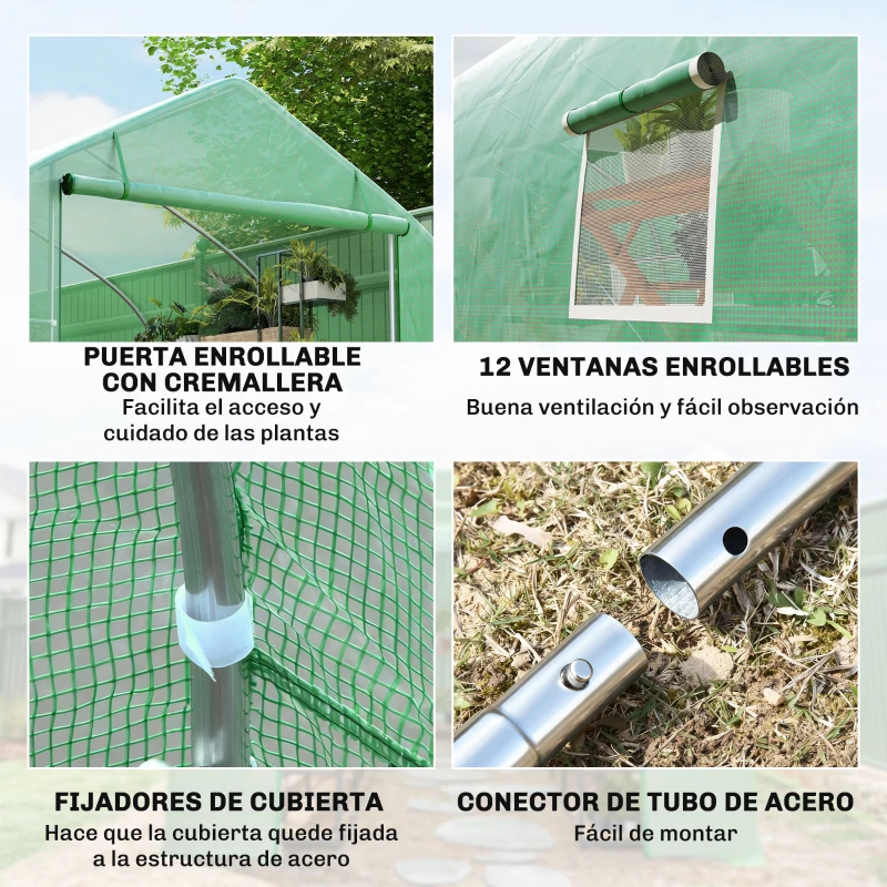 Outsunny Invernadero de Exterior Invernadero de Túnel 8x3x2 m Invernadero de Jardín con 12 Ventanas y Puerta Enrollable para Cultivo Plantas Tomates Verduras Acero y PE 140 g/m² Verde