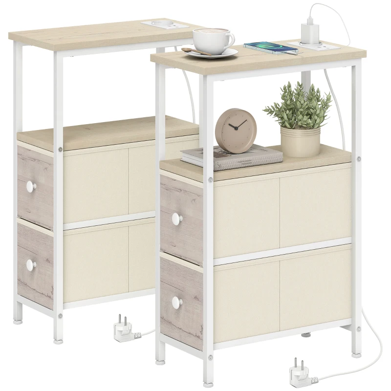 HOMCOM Juego de 2 Mesitas Auxiliares Estrechas con Enchufe Toma AC Puerto USB Puerto USB-C 2 Cajones de Tela Natural