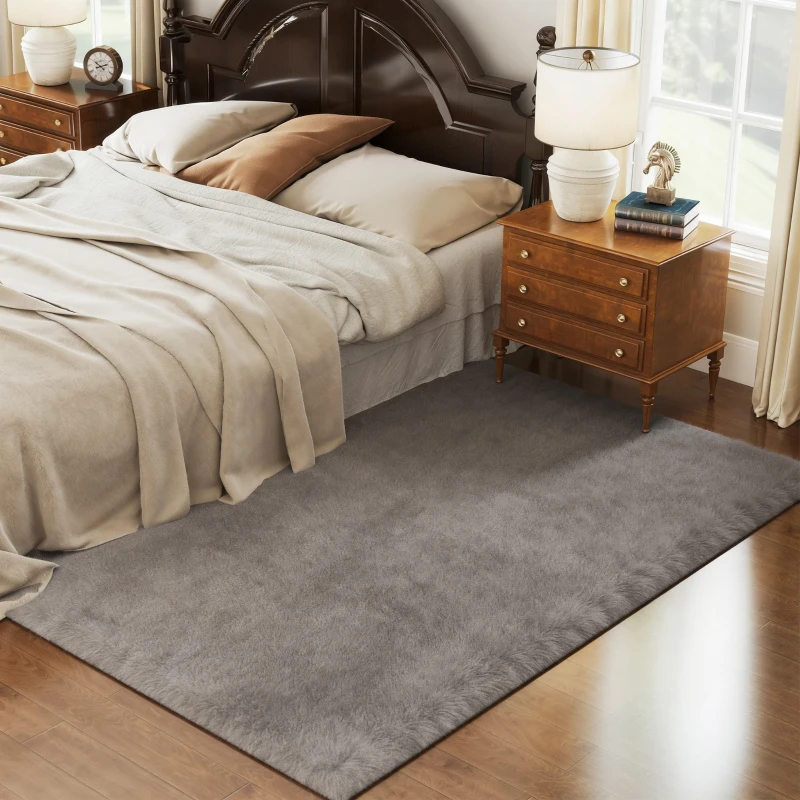 HOMCOM Tapis salon 230 x 160 cm tapis à poils longs, lavable en machine, antidérapant, en fausse fourrure, gris clair