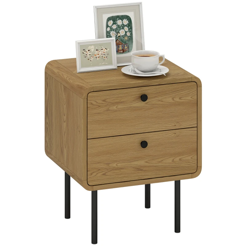 HOMCOM Bedside Table with 2 Drawers and Steel Legs - Oak
