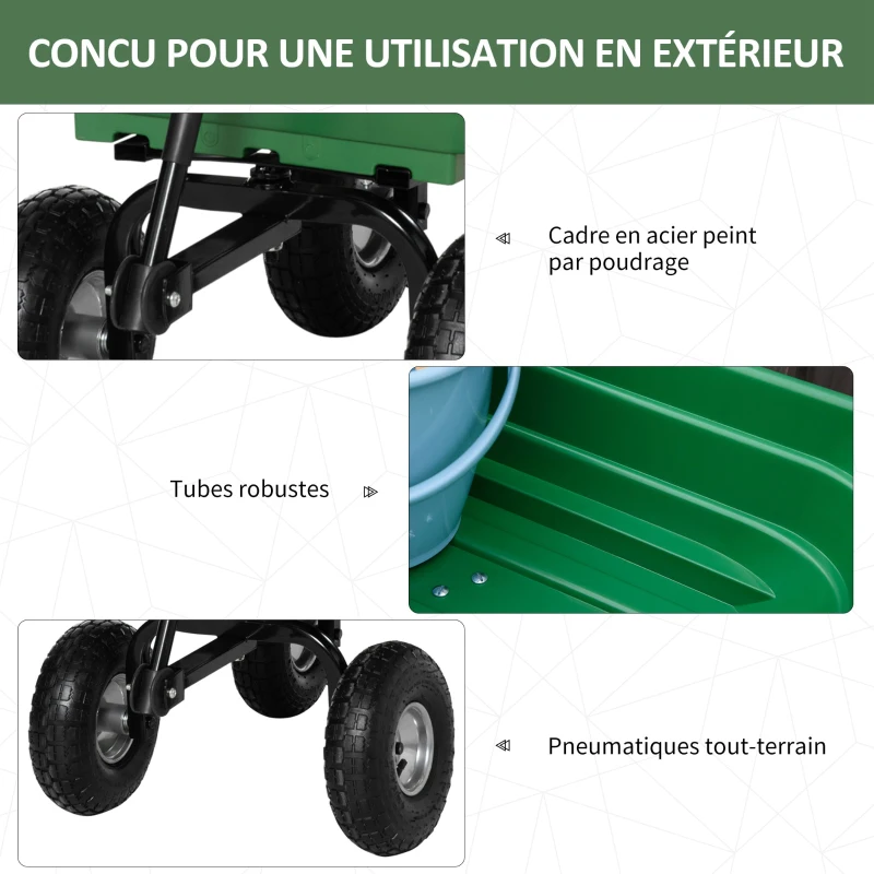 Outsunny Chariot de Jardin 100L Charge 250 kg, 4 Roues pneumatiques Remorque à Main pour Extérieur 108 x 52 x 100 cm Acier vert