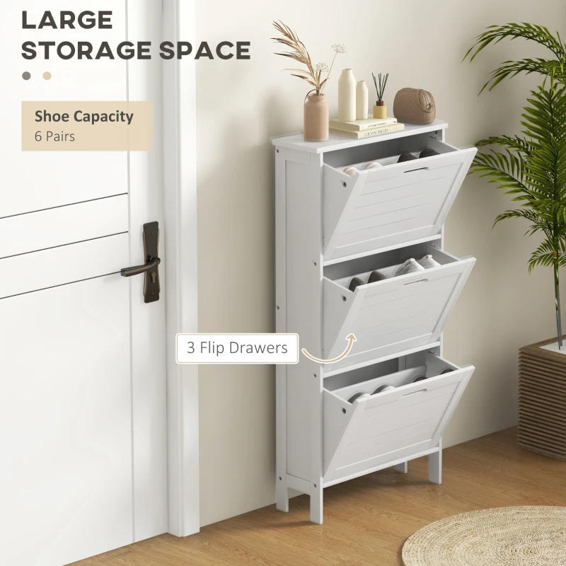 HOMCOM Narrow Shoe Cabinet with 3 Flip Drawers - White