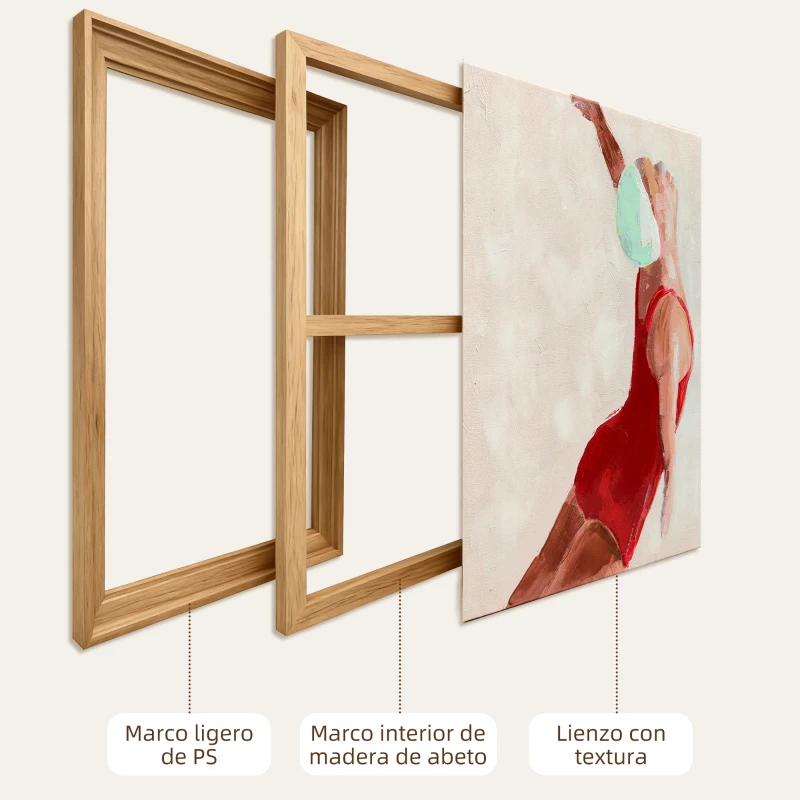 HOMCOM Cuadros en Lienzo Figuras Dinámicas a Mano 40x40 cm 2 Piezas Cuadros de Arte de Pared Enmarcados Rojo