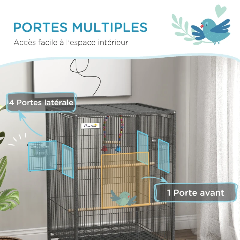 PawHut Cage oiseau sur pied cage sur roulettes avec balançoire, perchoirs et plateau coulissant 48 x 46 x 74 cm en acier noir
