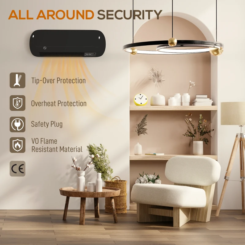 HOMCOM 2000W Ceramic Electric Heater with Fan, Adjustable Thermostat, Wall Mounted - Black