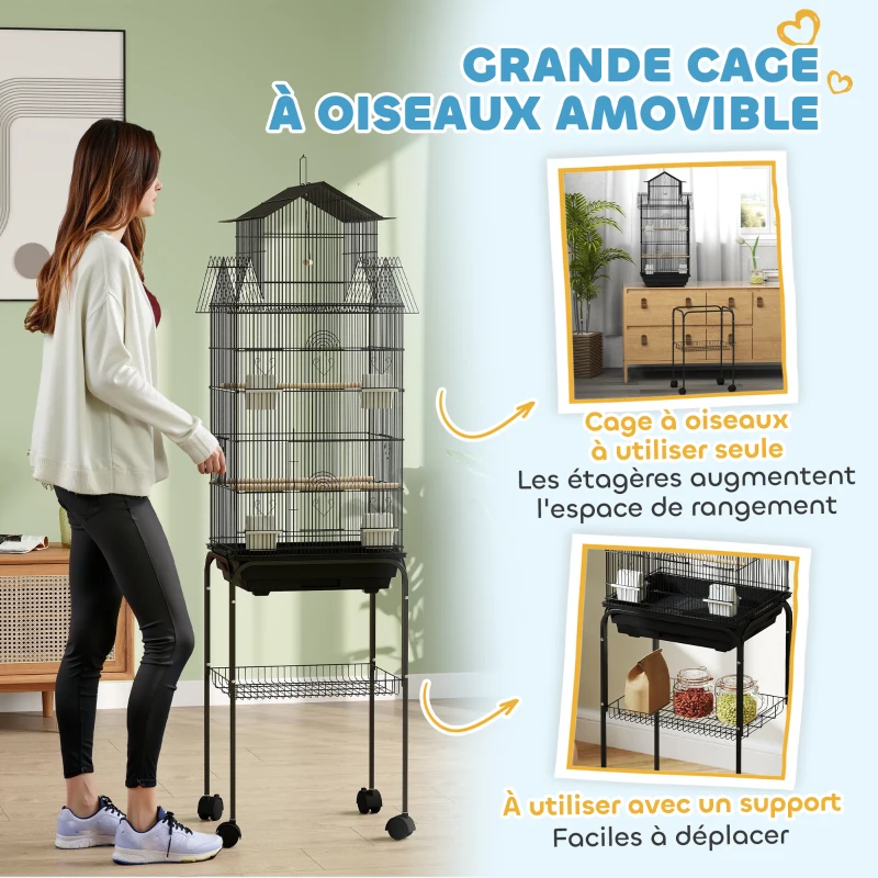 PawHut Cage à oiseaux sur pied, volière sur roulettes avec balançoire, support, design maison, 50,5 x 41 x 163 cm en acier noir