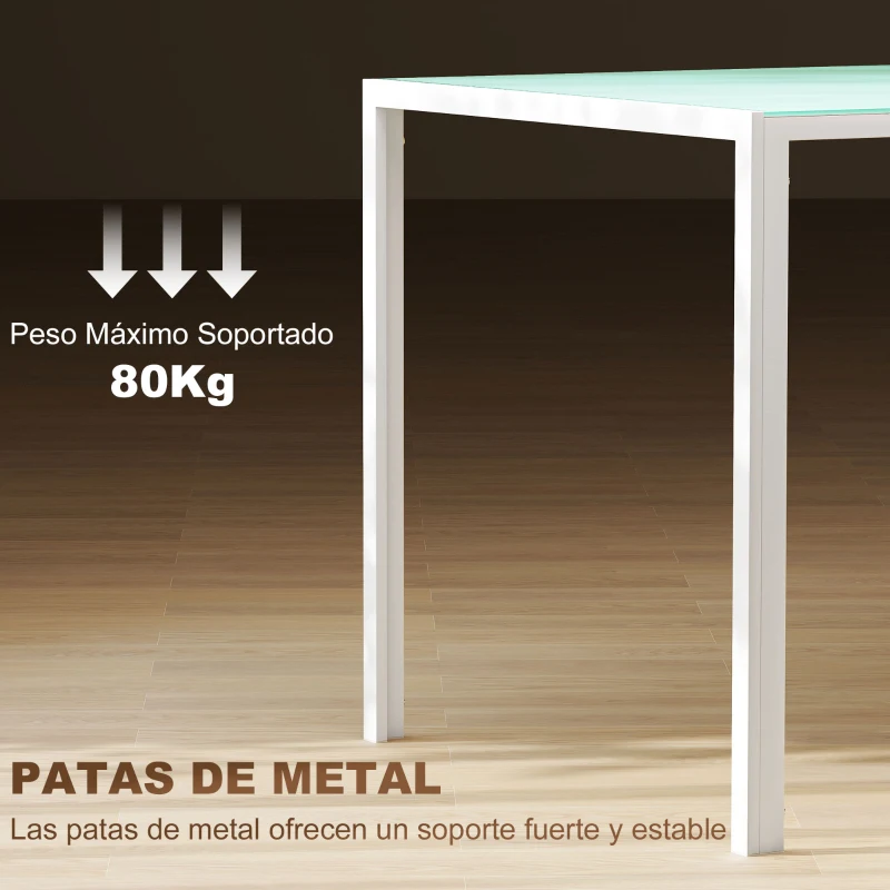 HOMCOM Mesa de Comedor de Cristal Rectangular para 6 Personas con Patas de Metal para Cocina Salón 140x80x75 cm Blanco