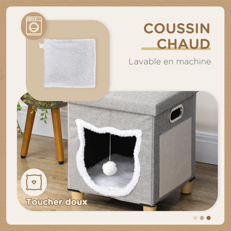 PawHut Niche chat interieur maison chat interieur 2 en 1 pied en bois coussin amovible lavable balle, 35,5x35,5x42,5cm, gris