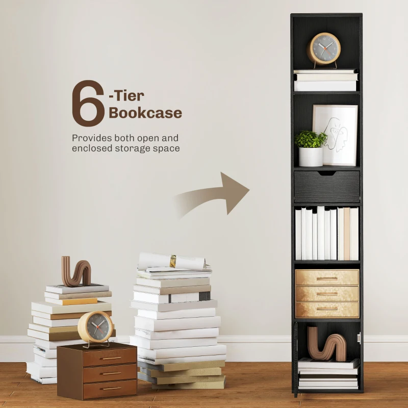 HOMCOM 6-Tier Bookcase, Tall Narrow Bookshelf with Drawer and Door - Black