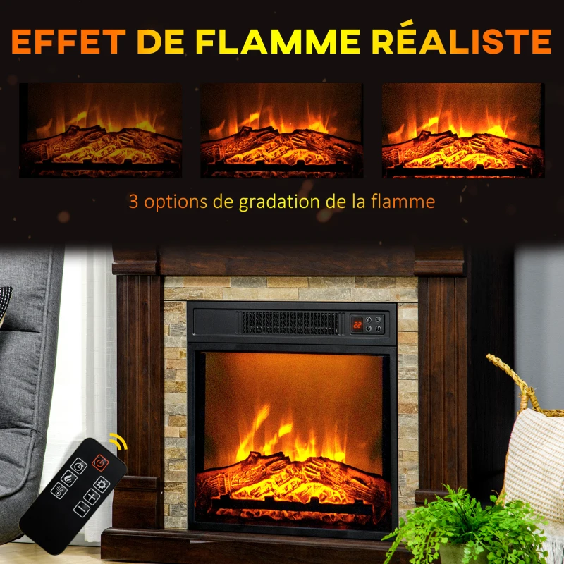 HOMCOM Cheminée électrique, cheminée décorative 1800W effet flamme, luminosité et température réglables, 80x21,6x67,8cm, marron(m-4)