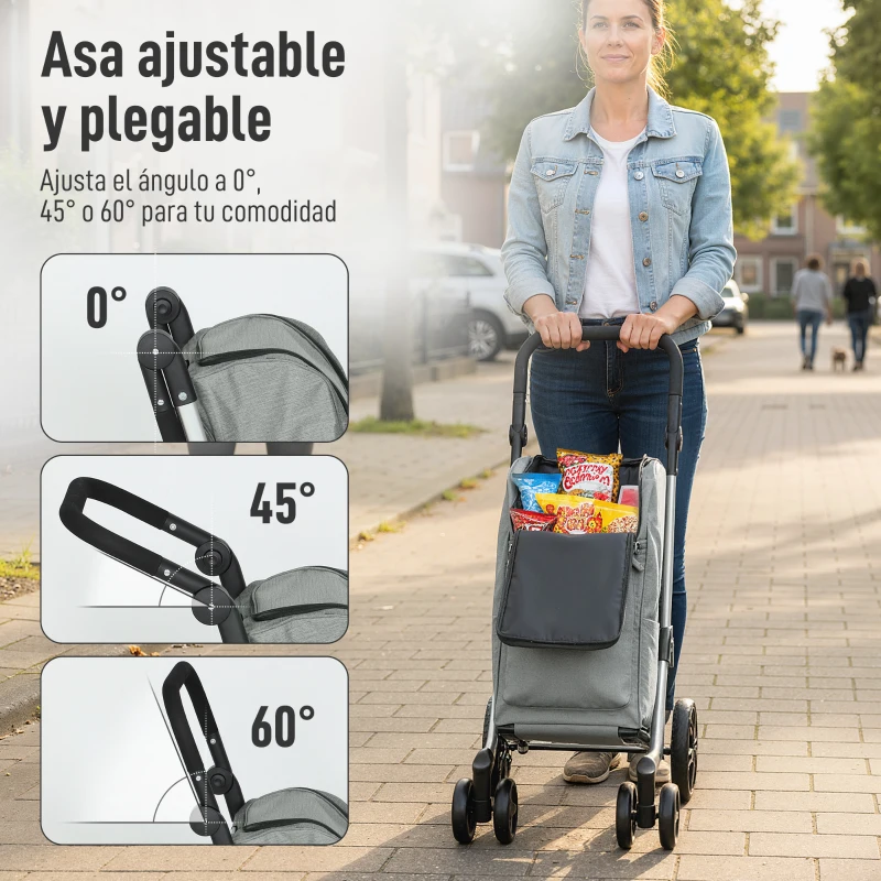HOMCOM Carrito de Compra Plegable de 46 L Carro 3 en 1 con 6 Ruedas Bolsa Térmica y Asa Ajustable 44x58x100 cm Gris