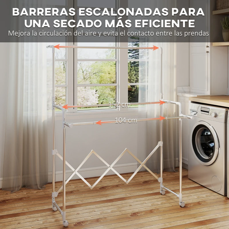 HOMCOM Tendedero Plegable de 3 Niveles Tendedero de Acero Inoxidable con 3 Barras Ajustables y Extensibles 4 Ruedas Plata
