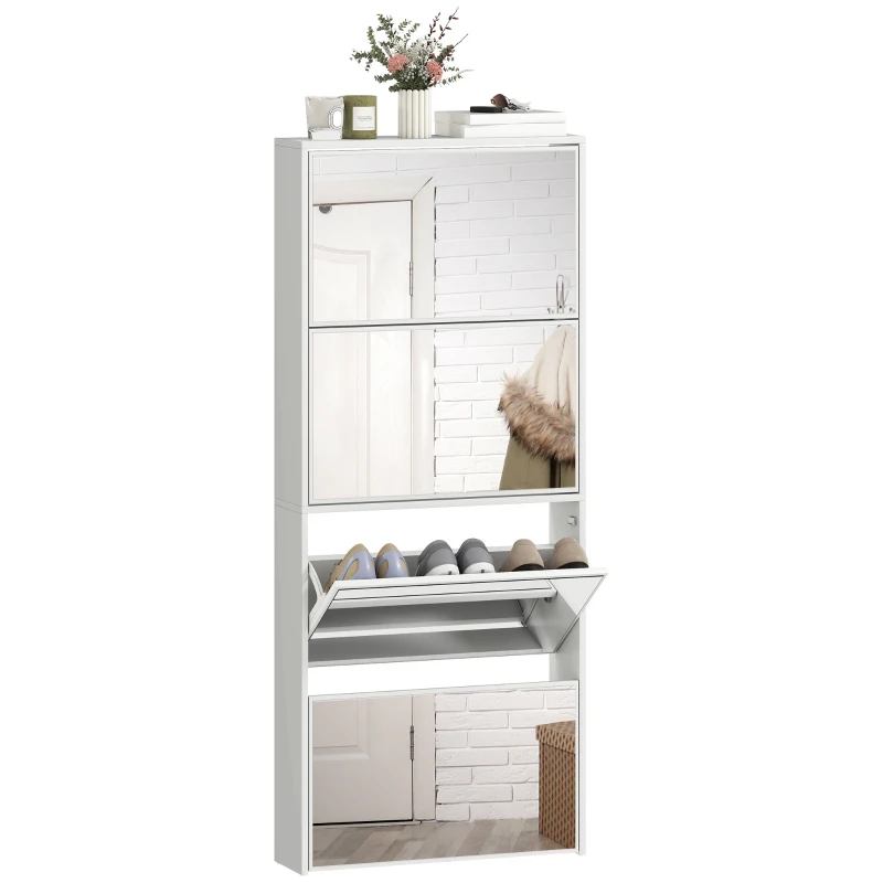 HOMCOM Scarpiera a Specchio a 4 Ante Antiribaltamento in Legno, 63x17x146 cm, Bianco