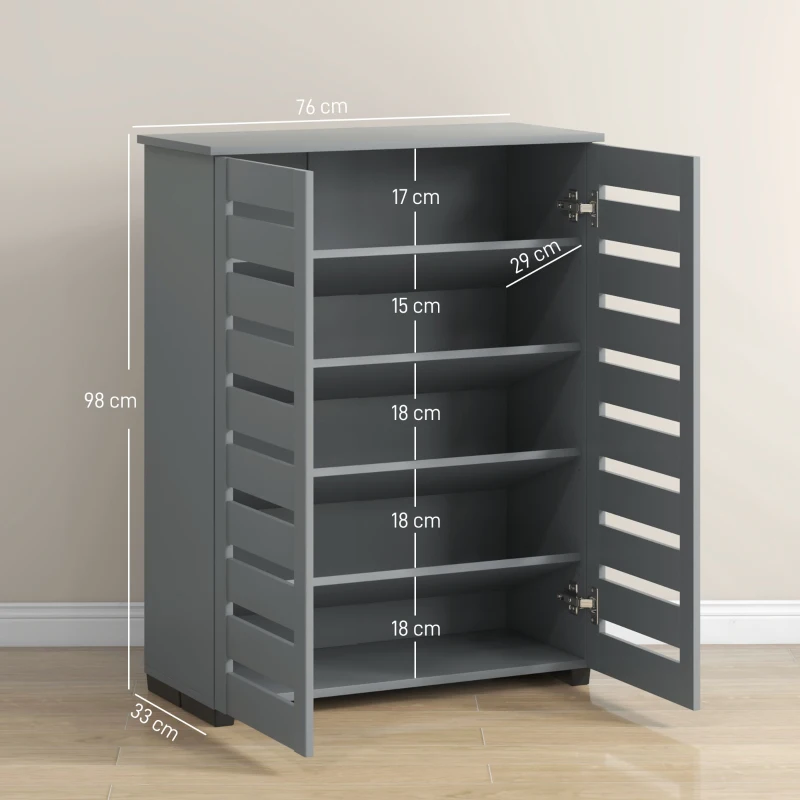 HOMCOM Narrow Shoe Cabinet for Entryway, 5-Tier Slim Shoe Storage Cabinet with 2 Slatted Doors and Adjustable Shelves Grey
