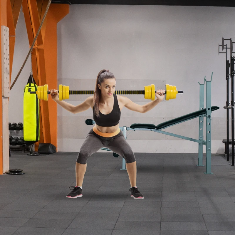 HOMCOM Banc de musculation Fitness banc d'haltérophilie dossier réglable + Ensemble d'haltères courtes ou longues 20 Kg barre d'extension incluse entraînement musculaire & haltérophilie