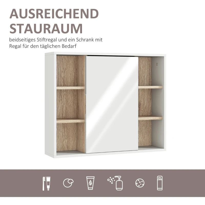 HOMCOM Spiegelschrank Badschrank Hängeschrank Badmöbel Wandschrank Mehrzweckschrank, Spanplatte+MDF, Weiß + Natur 60 x 14,5 x 49,4 cm