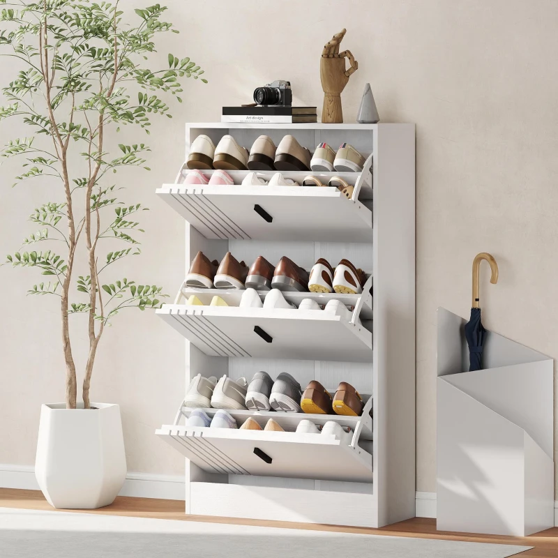 HOMCOM Meuble à chaussures armoire à chaussures à 3 abattants 18 paires grande capacité en bois 63 x 24 x 117 cm blanc