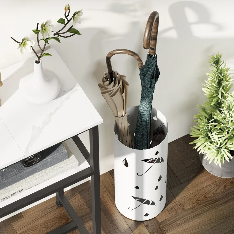 HOMCOM Porte parapluie cylindrique support pour parapluies bac d'égouttement amovible et 4 crochets, Ø 17 x 41 cm, blanc