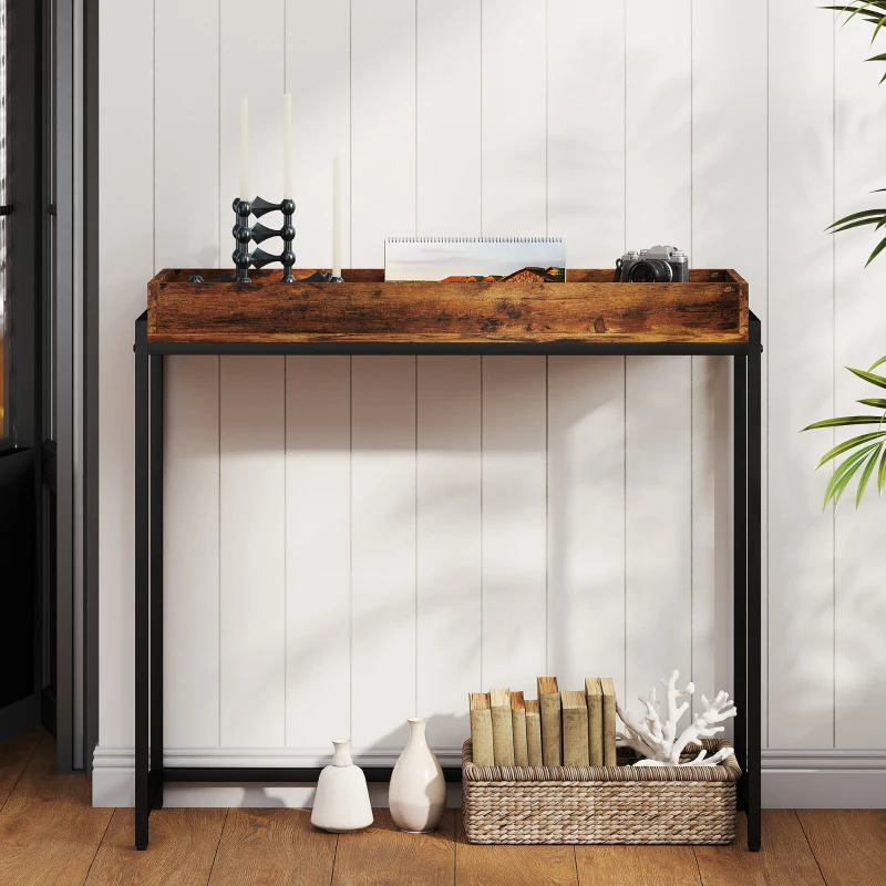 Stolik konsolowy HOMCOM z poręczami, 100 x 30 x 91 cm, stolik boczny z metalową ramą, mały stolik wystawowy do małych przestrzeni, wejścia, przedpokoju, salonu, rustykalny brąz