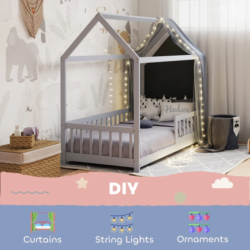 HOMCOM House-Shaped Kids Bed Frame with Guard Rails, Solid Pine Wood Single Bed Frame for Kids Boys and Girls, Grey