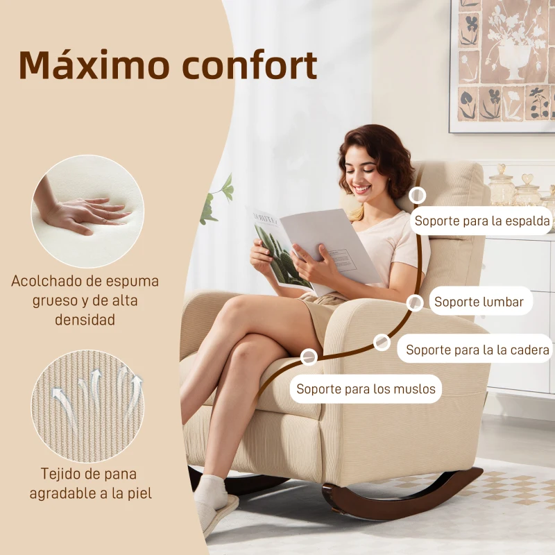 HOMCOM Silla Mecedora de Pana con Respaldo Alto Patas de Madera de Caucho Bolsillos Reposabrazos Estilo Moderno Beige