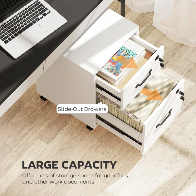 HOMCOM Rolling File Cabinet with 2 Drawers, Mobile Filing Cabinet with Hanging File Folder for Letter Sized Documents, White