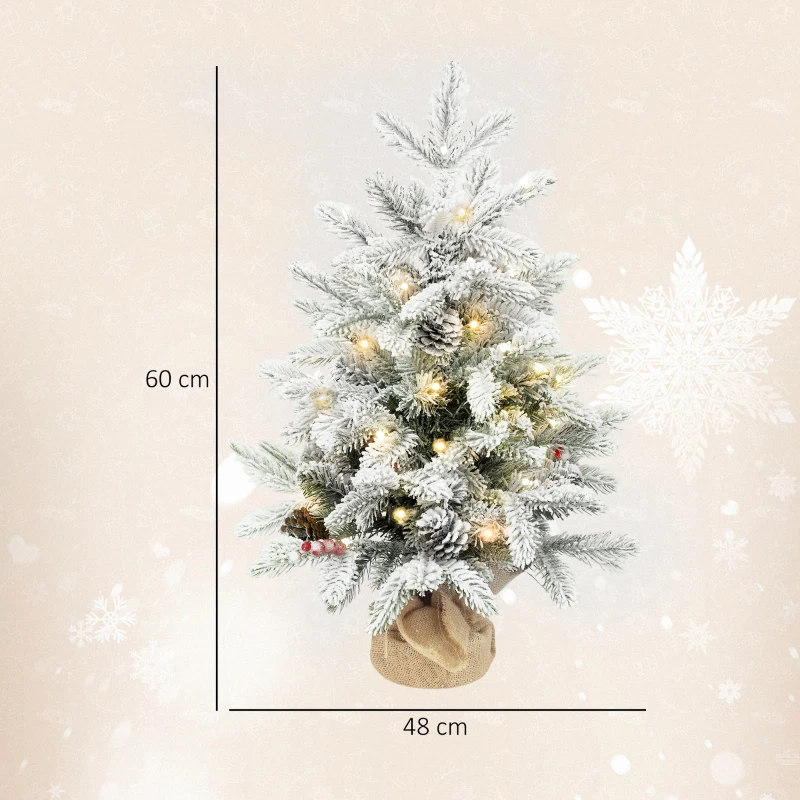 HOMCOM Mini Árvore de Natal Artificial com 35 Luzes LED 182 Ramos com Neve Pinhas Bagas e Base de Saco de Juta Ø48x60 cm Verde